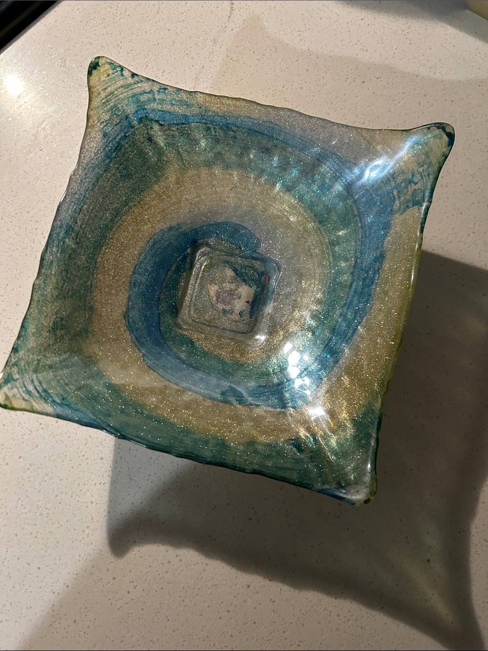 Handblown Decorative Glass Bowl in Blue and Gold shimmery